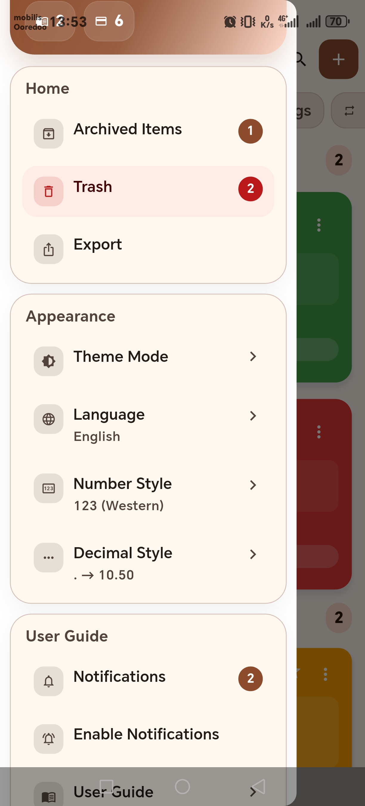 CashWise settings and user guide screen