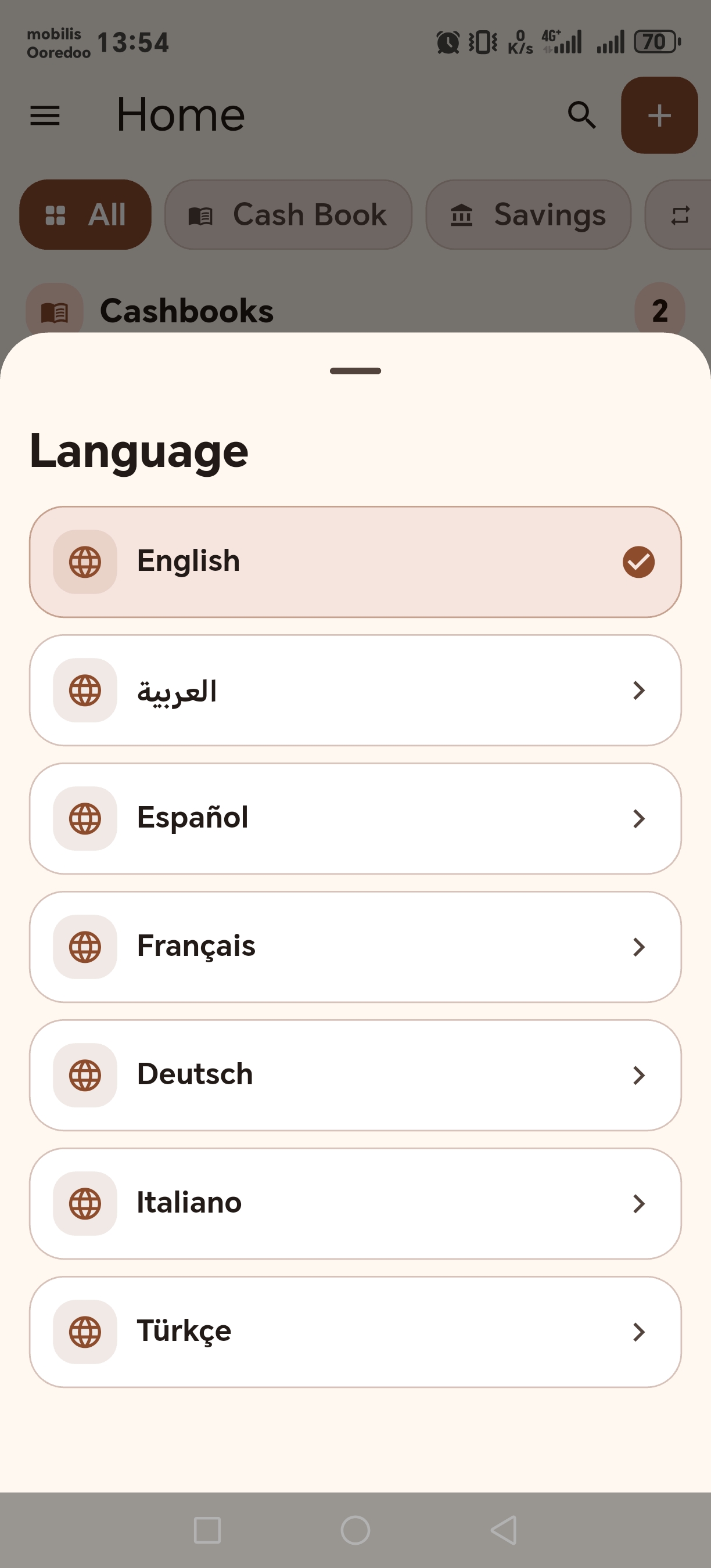 CashWise language selection screen with multilingual options