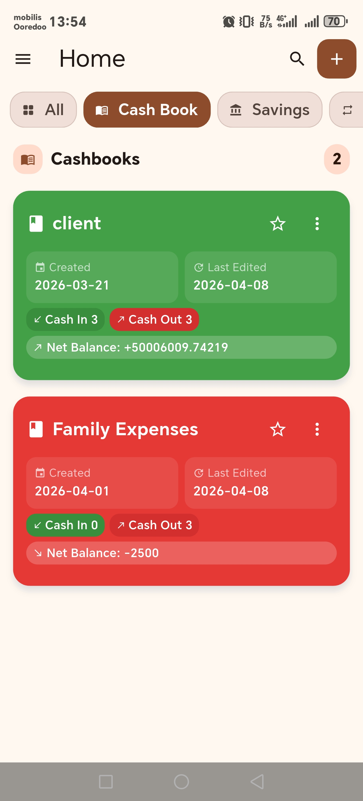 CashWise home screen showing colored cash book cards and balances