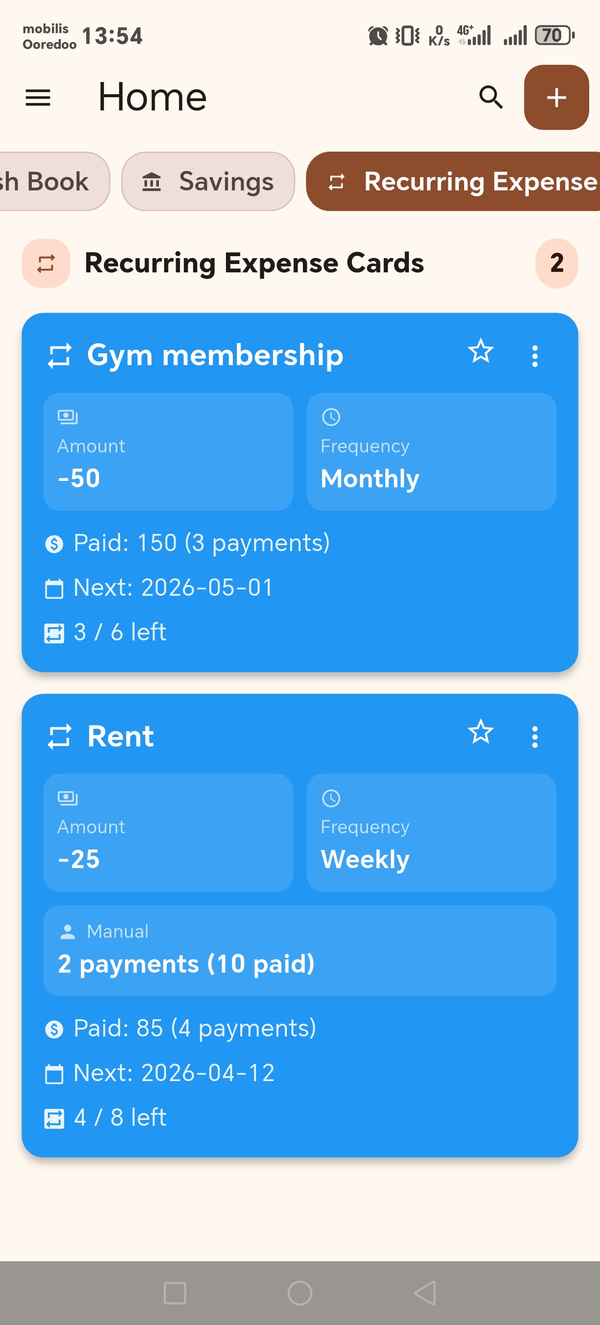 CashWise recurring expense cards screen with payment schedules