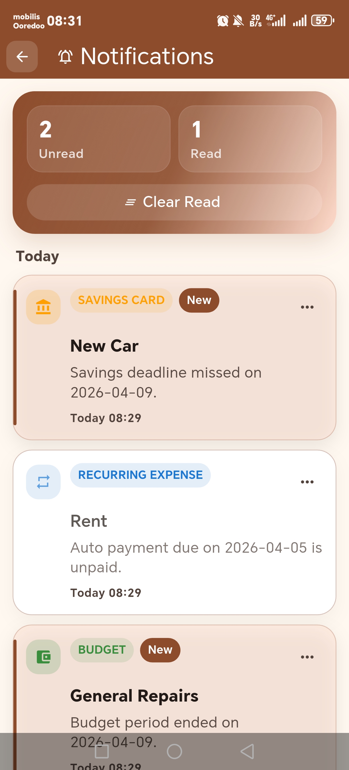 CashWise notifications screen highlighting reminders and alerts
