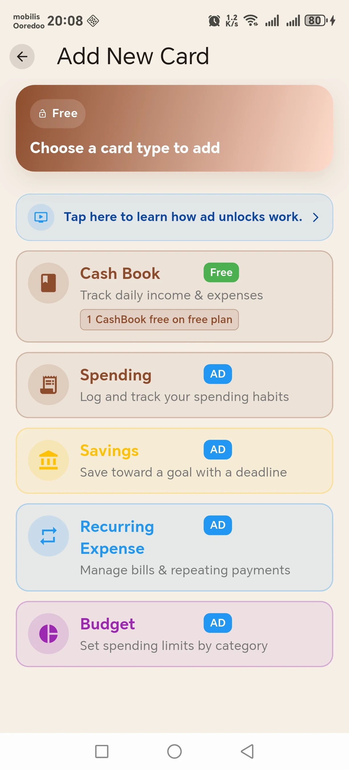 CashWise add new card screen showing Cash Book, Spending, Savings, Recurring Expense, and Budget card options